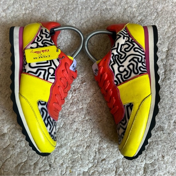 Coach: x Keith Haring Lace Up Yellow, Orange, Pink, Black White People Sneakers - Picture 3 of 16